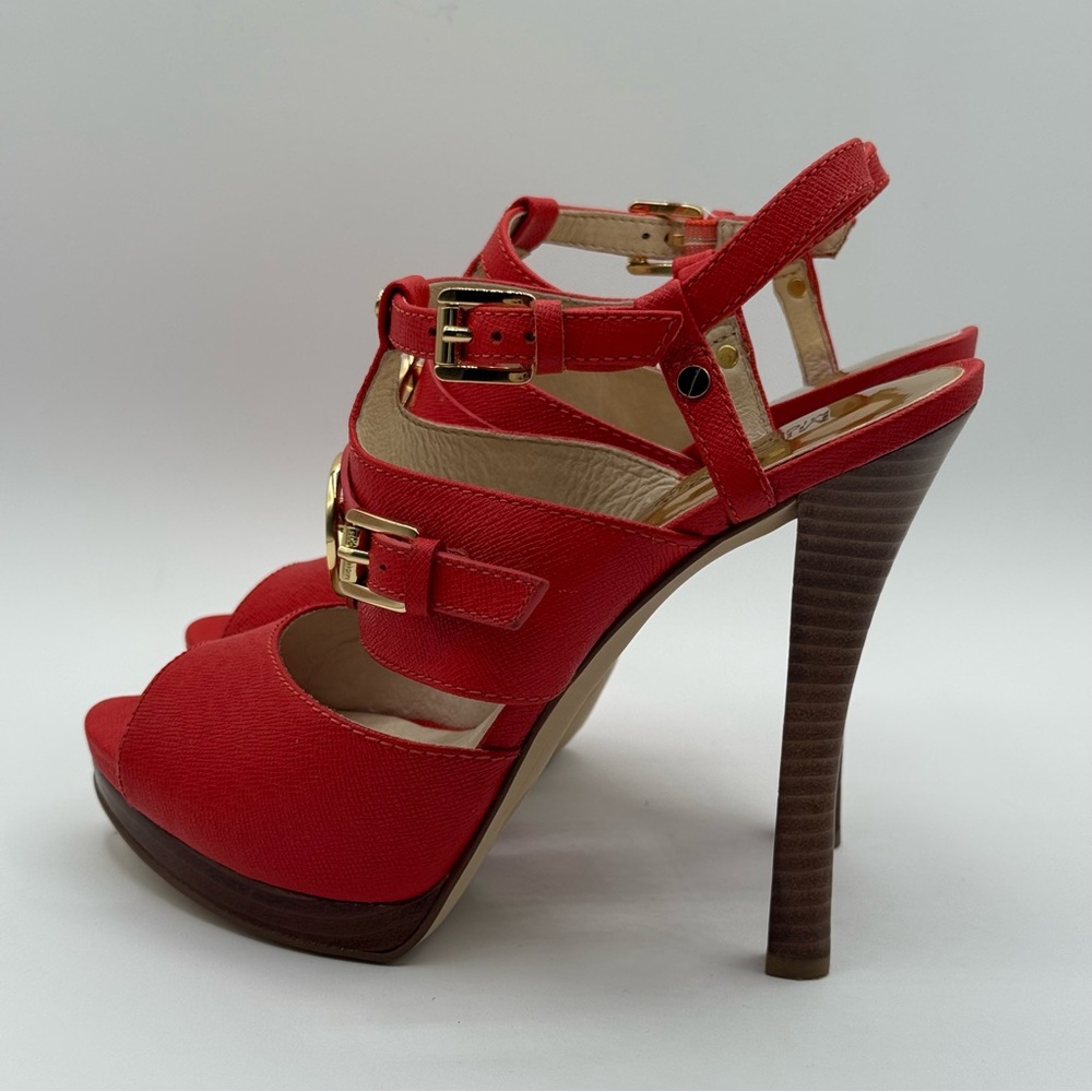 Michael Kors Mackenzie Saffiano Leather Logo Platform Sandal Luggage Size 7.5M - Picture 9 of 17